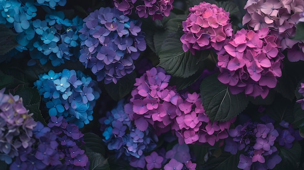 Vibrant Hydrangea Blossoms in a Mystical Garden Setting Artistic Floral Background Perfect for Wall Art or Stock Photo Usage AI