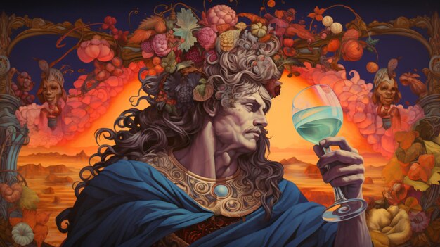 Vibrant illustration of dionysus god of wine embodvi