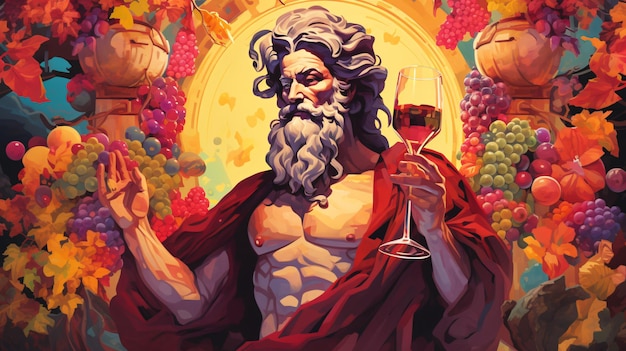 Vibrant illustration of dionysus god of wine embodvi