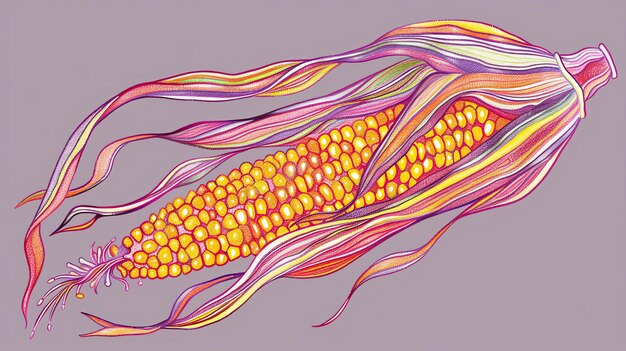 Photo vibrant illustration of an ear of corn with colorful husks the corn is yellow and has a pink cob the husks are purple blue and green