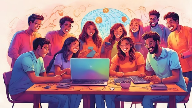 Photo a vibrant illustration of a group of friends gathered around a computer celebrating world internet