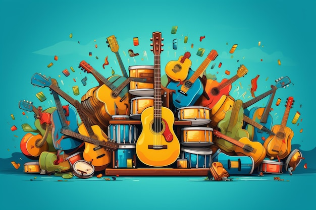 Photo vibrant illustration of guitars and musical instruments