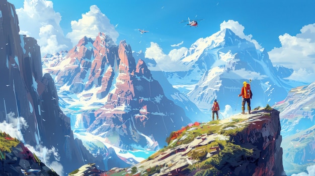 Vibrant illustration of hikers with backpacks watching a helicopter flying over picturesque mountain
