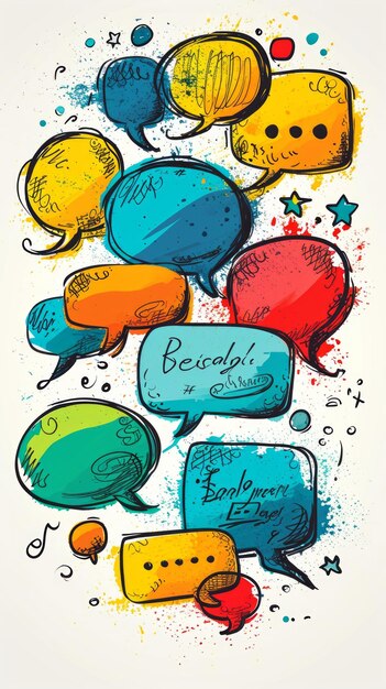 Photo vibrant illustration of internet and social media speech bubbles handdrawn textures adorn different speech bubbles conveying social media communication