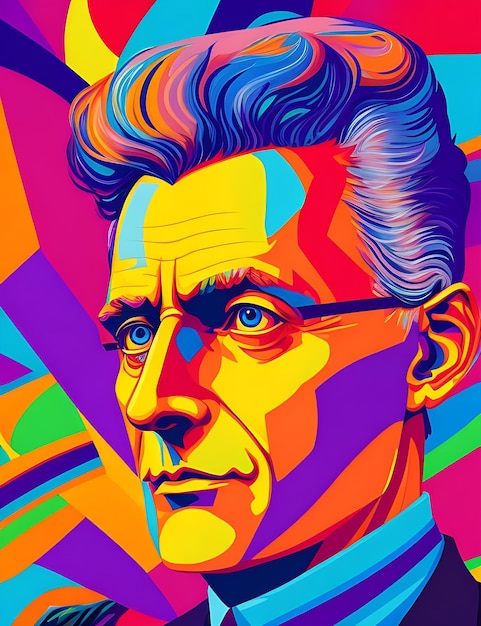A vibrant illustration of Ludwig Wittgenstein rendered in a cartoonish style