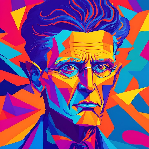 A vibrant illustration of Ludwig Wittgenstein rendered in a cartoonish style