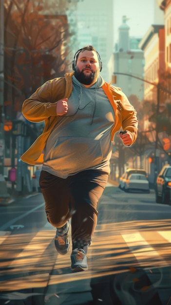 Vibrant illustration of man running through urban landscape symbolizing fight against obesity