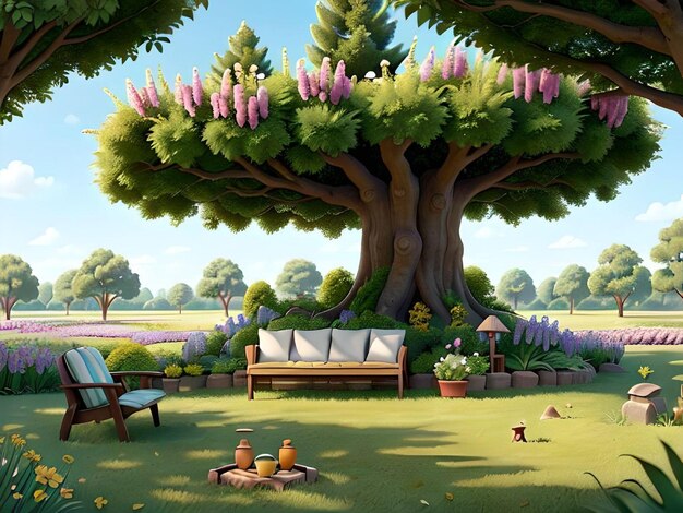 Vibrant Illustration of Meadow with Trees and Furnitures with Pillows and Flowers