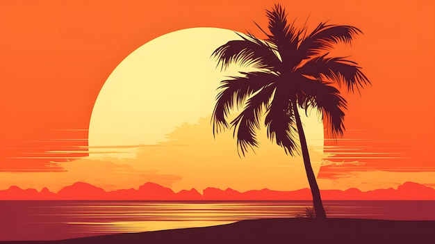 Vibrant illustration of a palm tree with a sunset background