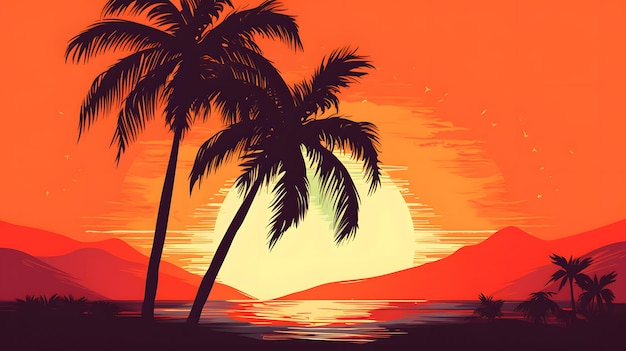Vibrant illustration of a palm tree with a sunset background