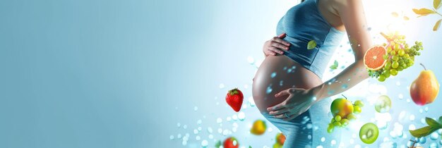 Vibrant illustration of a pregnant woman with fruits symbolizing vitality and health