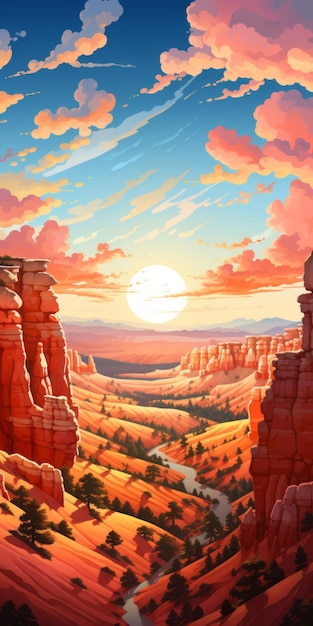 Photo vibrant illustration of red sunset on bryce canyon national park