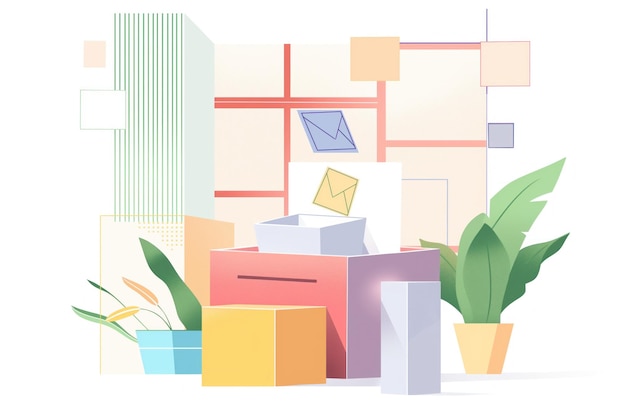 vibrant illustration showcases ballot box with stacked colorful envelopes and green plant adding natural touch minimalistic design features bold red yellow and blue hues against white background