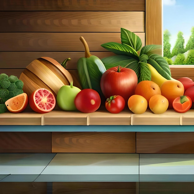 A vibrant illustration showcasing an abundant assortment of colorful fruits and vegetables ai genera