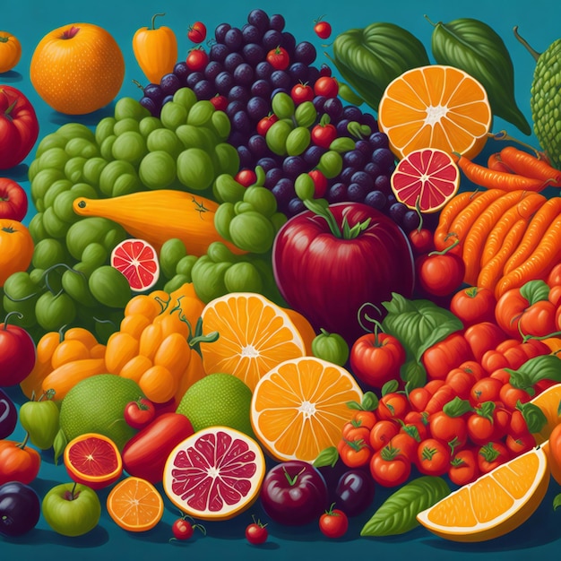 다채로운 과일과 채소의 풍부한 구색을 보여주는 생생한 일러스트레이션