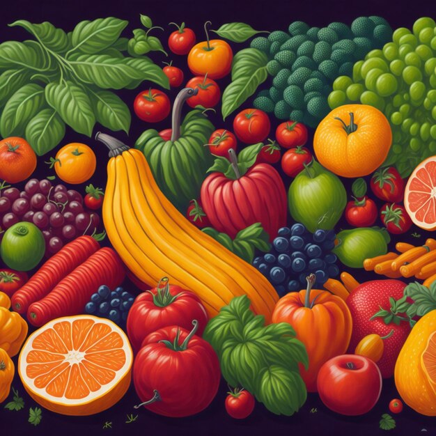 A vibrant illustration showcasing an abundant assortment of colorful fruits and vegetables