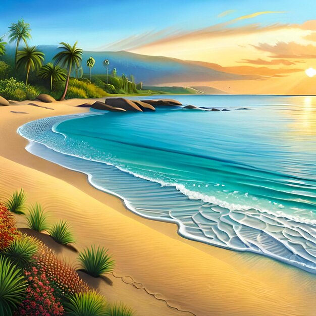 Photo a vibrant illustration of a sundrenched beach ai generated