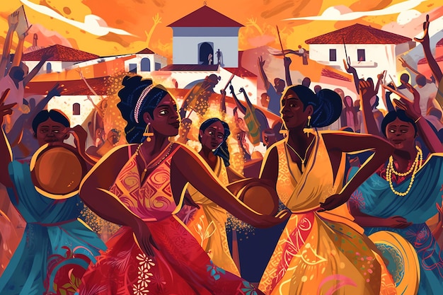Vibrant illustration of a traditional Candombl ceremony in Salvador