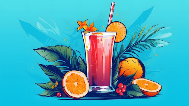 Vibrant illustration of a tropical cocktail with fruits and palm leaves