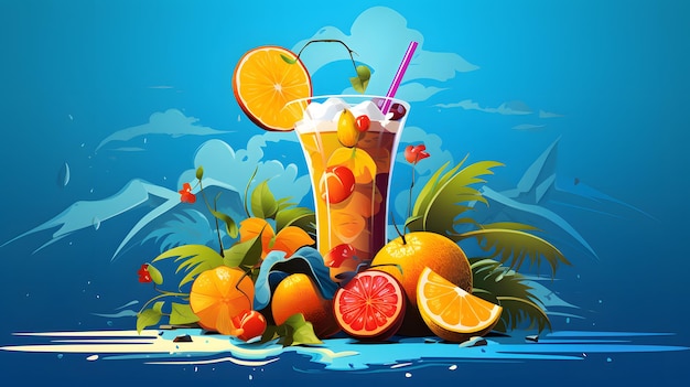 Vibrant illustration of a tropical cocktail with fruits and an umbrella