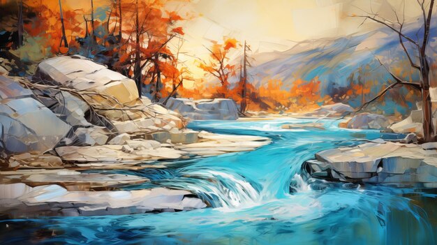 Vibrant Illustration Of Water Flowing Through Trees And Rocks