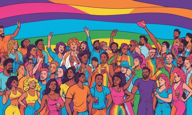 写真 lgbti 旗を掲げたプライドパレードで多様なlgbtq 個人の群衆を描いた活発なイラスト