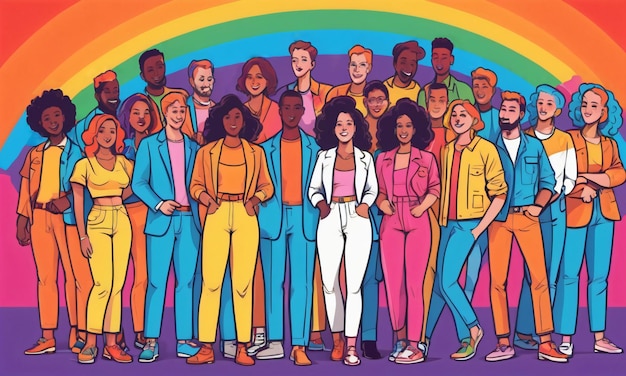 Foto illustrazione vivace con diversi individui lgbtq in una parata del pride con la bandiera lgbt