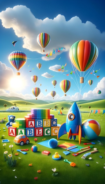 Vibrant illustration for World Childrens Day with kites hot air balloons a rocket alphabet block