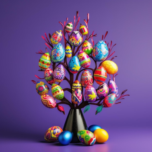 A vibrant image of a decorated easter egg tree