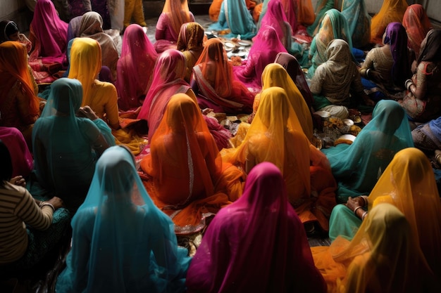 화려한 옷을 입고 바닥에 앉아 있는 여성 그룹의 생생한 이미지 화려한 인도 사리와 터번을 쓴 결혼식 장면 AI 생성