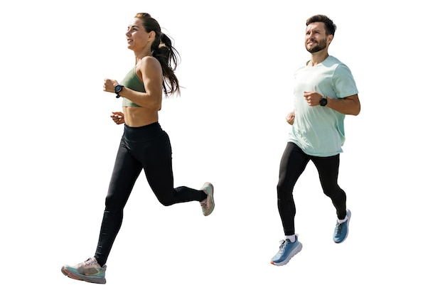 Vibrant image of a man and woman in athletic gear joyfully running isolated on a white background