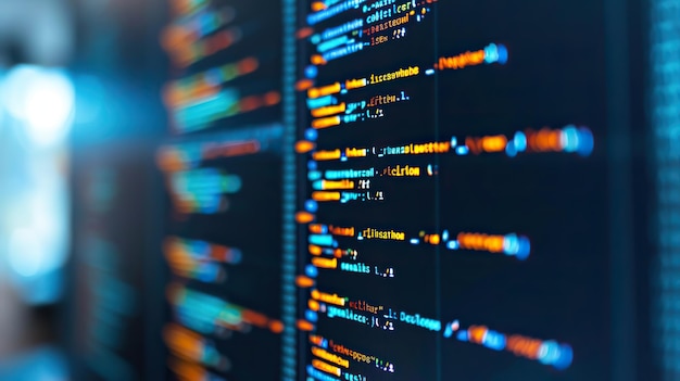 A vibrant image showcasing illuminated source code on dual computer monitors in a dark room emphasizing multitasking in programming
