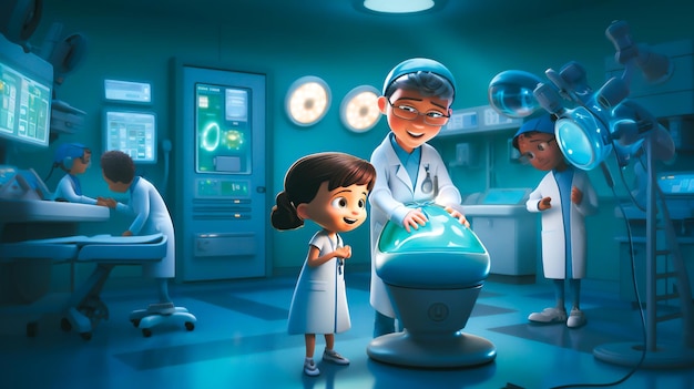 A vibrant image showcasing a skilled pediatric surgeon confidently operating on a young patient's b