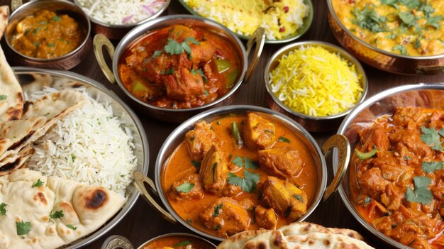 A vibrant Indian feast spread across a table featuring colorful curries fragrant rice and assorted naan bread tempting the senses with exotic flavors