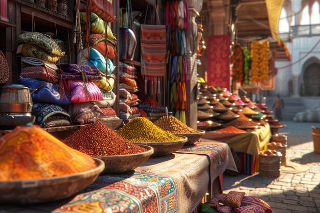 Foto un vivace mercato indiano con spezie e tessuti