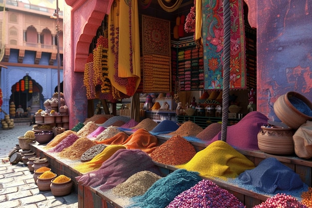 Photo a vibrant indian marketplace with spices and texti
