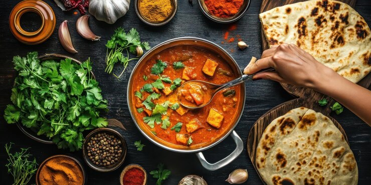 A vibrant Indian meal featuring curry naan and fresh ingredients for a delicious feast