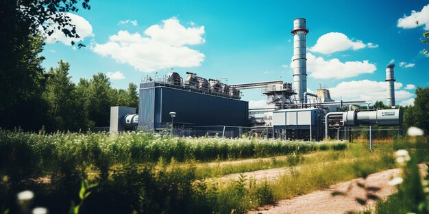 Vibrant Industrial Landscape with Extensive Network of Pipes and Lush Greenery Enhanced by Generativ...