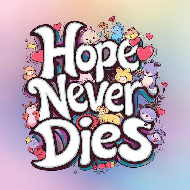 Photo vibrant and inspiring artwork with the message hope never dies accompanied by joyful animated animals