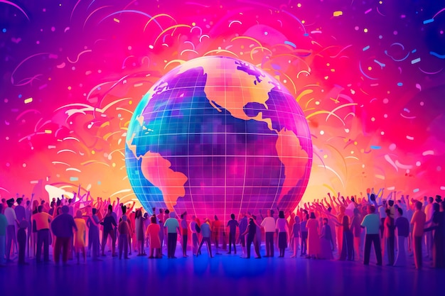 A vibrant and inspiring image showing a globe in different colors and styles Neon world globe