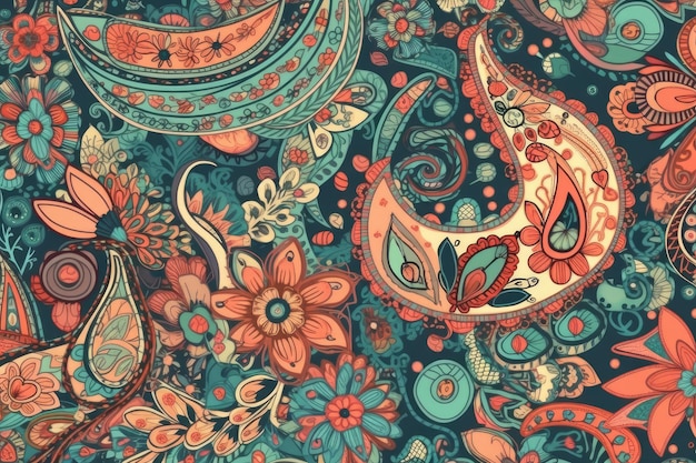 Vibrant and intricate paisley pattern with floral and foliage motifs Generative AI