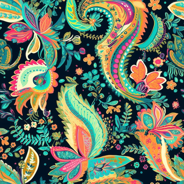 Vibrant and intricate seamless pattern with elaborate paisley designs
