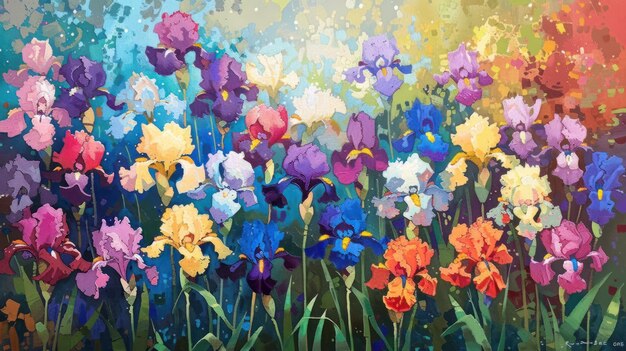 Photo vibrant iris flowers stand out against the backdrop of the spring scenery
