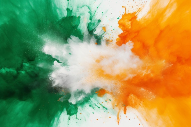 Foto vibrante bandiera tricolore irlandese scoppia con verde, bianco e arancione holi paint a festive background