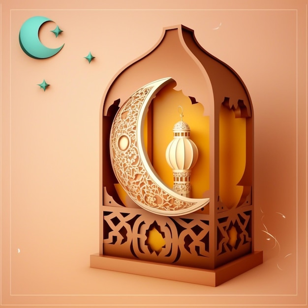 A vibrant Islamic Ramadan Kareem exhibition stand with a 3D rendering of an Arabian lantern and crescent moon on the backdrop Ramadan Kareem and Eid Mubarak concept Generative Ai