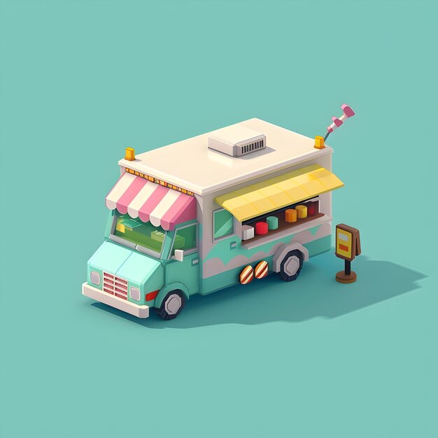 Photo vibrant isometric 3d pixel art food truck on colorful background