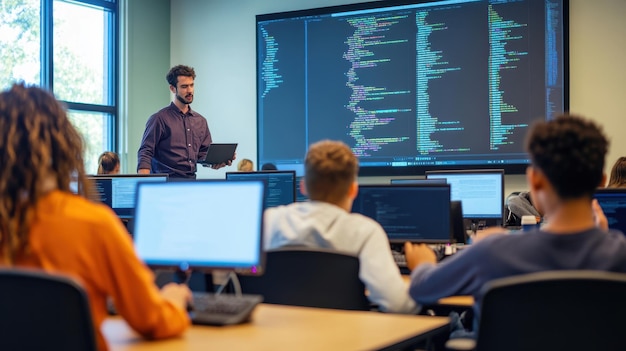 a vibrant it lesson with students coding on computers the instructor moving around to assist large screens displaying complex programming languages emphasizing the skills and innovation in
