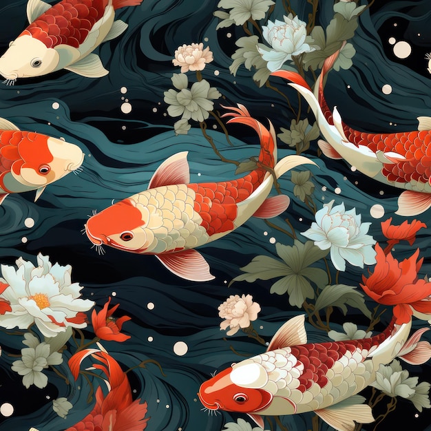 Foto vibranti pesci koi giapponesi che nuotano in un sottostante colorato modello senza cuciture astratto che cattura il