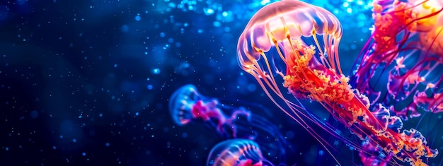 Vibrant jellyfish swimming in deep blue sea