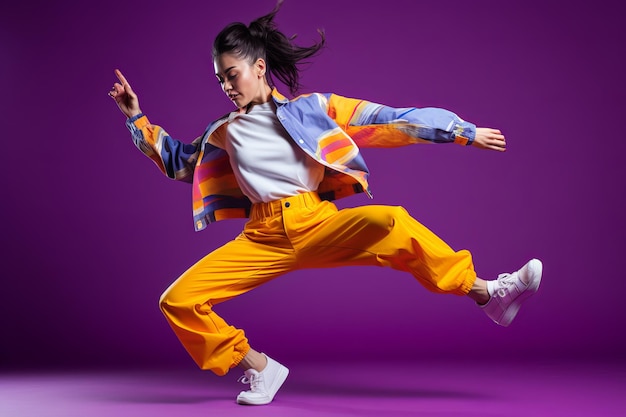 Vibrant joy a carefree woman dancer embracing fun in colorful sportswear against a luminous purple